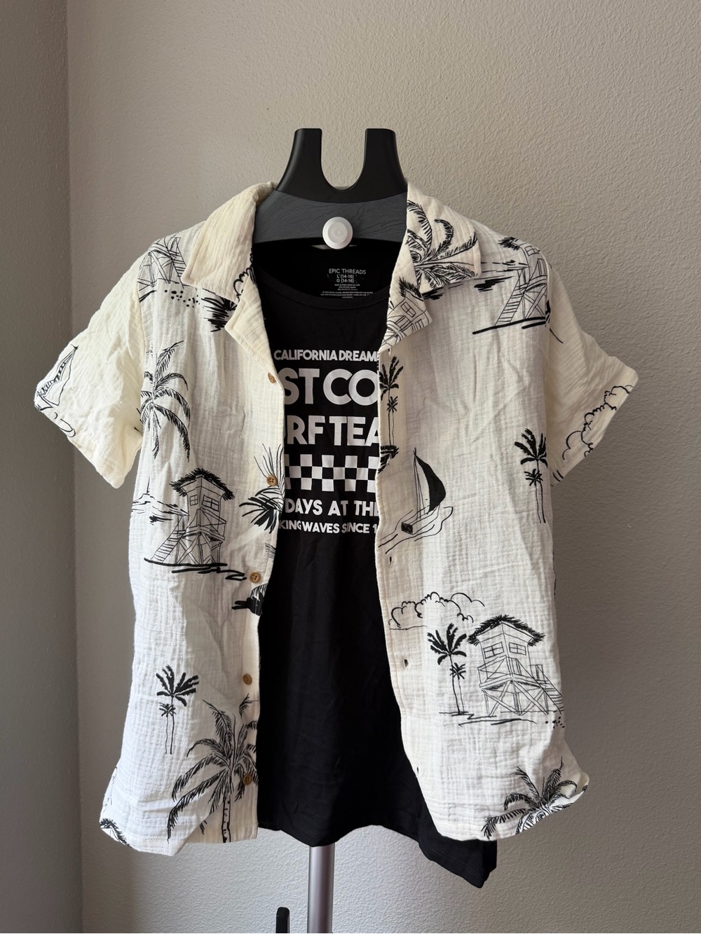 Set of 3 Epic Threads Black Graphic Surf Team Tee with White Palm-Print Shirt